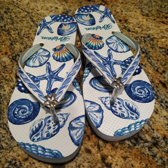 BRIGHTON Summer Shelly Starfish Turquoise White Rubber Flip Flops Women's 8 - Picture 2 of 6